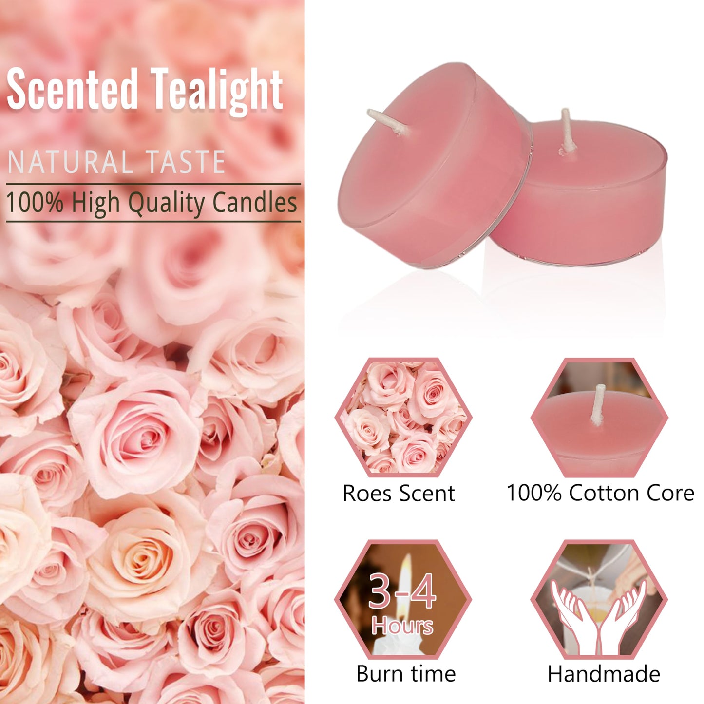 Dusty Pink Tea Lights Set of 24, Rose Scented Tealight Candles, Handmade Tea Candles, Long Burning Tealights for Romantic Wedding Home Decor Gift