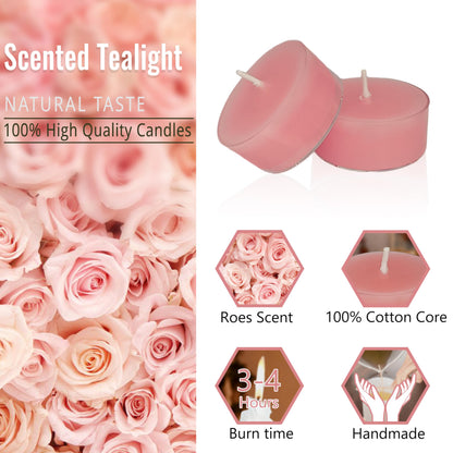 Dusty Pink Tea Lights Set of 24, Rose Scented Tealight Candles, Handmade Tea Candles, Long Burning Tealights for Romantic Wedding Home Decor Gift