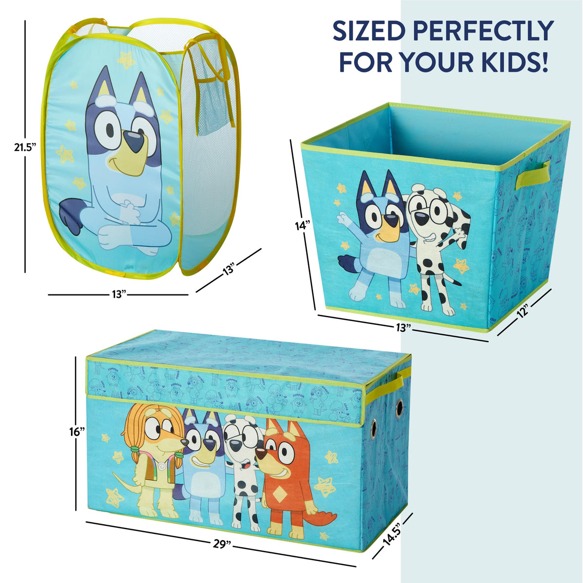 Bluey 4 Piece Storage Solution Set with Pop Up Hamper, Collapsible Storage Trunk and 2 Nestable Storage Bins