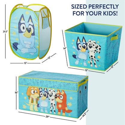 Bluey 4 Piece Storage Solution Set with Pop Up Hamper, Collapsible Storage Trunk and 2 Nestable Storage Bins