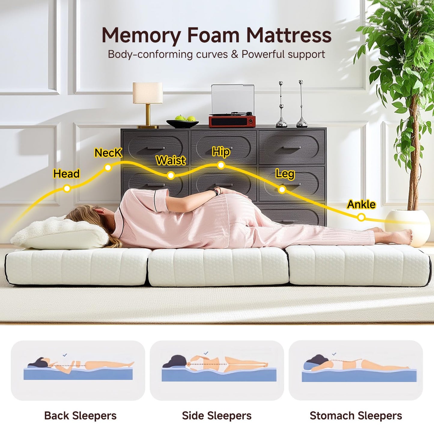 ROXGOX Foldable Mattress, Twin Tri-Fold Memory Foam Mattress Topper with Washable Cover, Handle & Non-Slip Bottom, 4 Inch Portable Folding Bed for Guest, Yoga, Living Room, Camping - 75"x38"x4"
