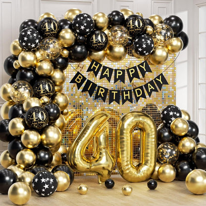 115pcs 40th Birthday Balloon Arch with Black Gold Balloon Garland happy Birthday Banner 40th Foil Balloon for 40th Birthday Decorations for Men or Women Anniversary Decorations