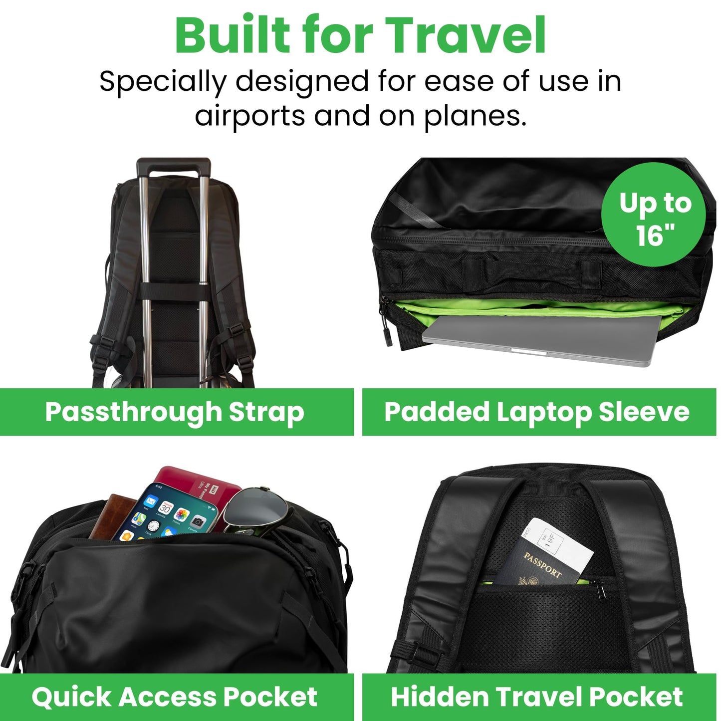 COR Surf Carry On Travel Backpack Bundle | Island Hopper Travel Backpack with Toiletry Bag and Compression Packing Cube Set (28L 2.0, Black with Green Zipper)