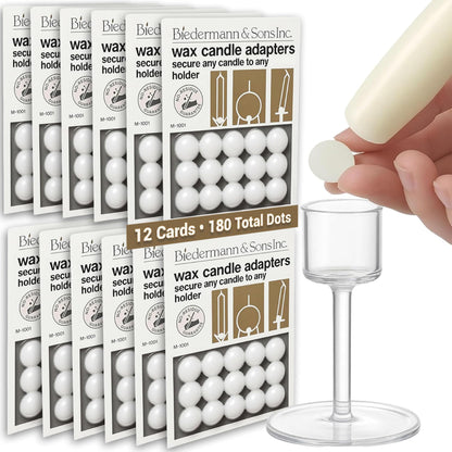 Biedermann & Sons Round Wax Candle Adapter Pellets, White, 0.5 Inch, 12 Cards 180 Dots, Unscented Traceless Wax Dots for Securing Tapers in Candle Holders