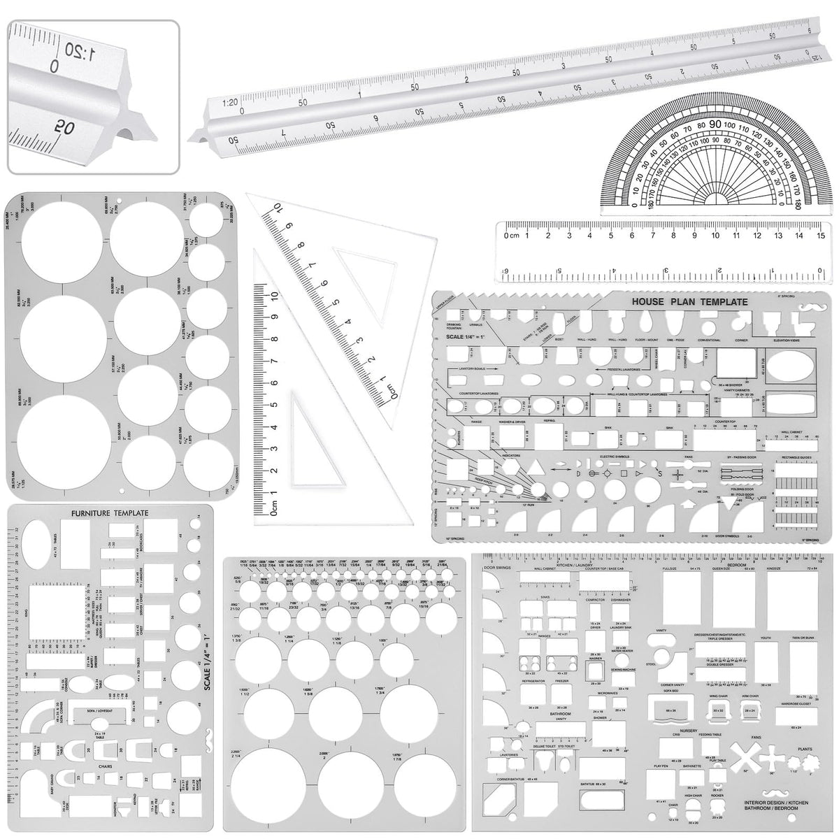 Zonon 10 Pcs Plastic Drawing Template Ruler Geometric Drawing 12 Inch Triangular Aluminum Architect Scale Measuring Templates Building Geometric Kit Plastic Ruler for Drafting (Classic,Clear)