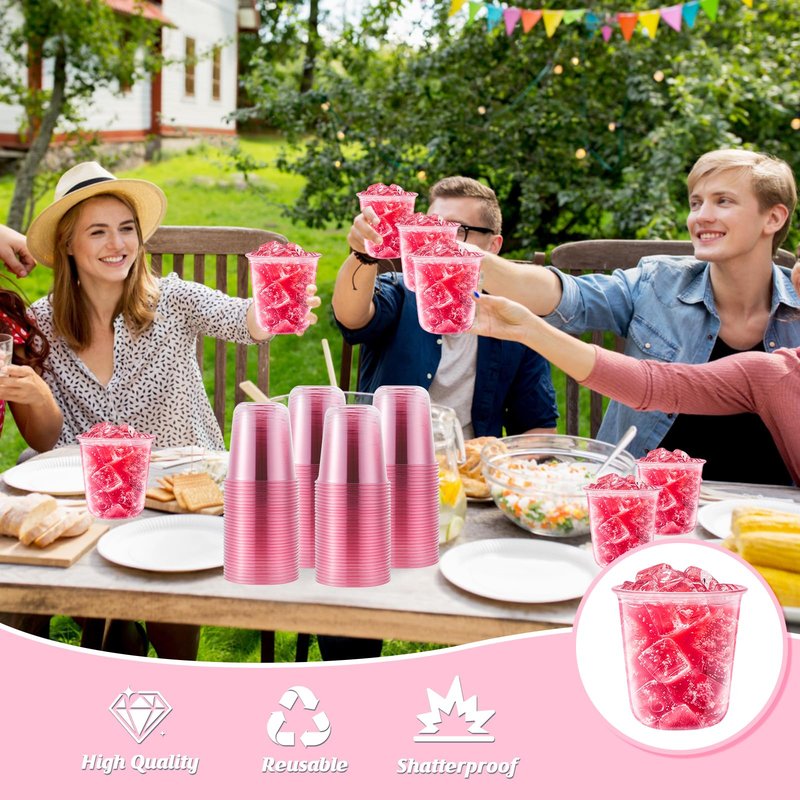 50 Pcs Pink Clear Plastic Cups 12 oz, Bulk Disposable Stemless Wine Glasses, Cute Pink Plastic Party Cups for Meeting Wedding Birthday Valentines Christmas Cocktail Theme Party Supplies Decorations