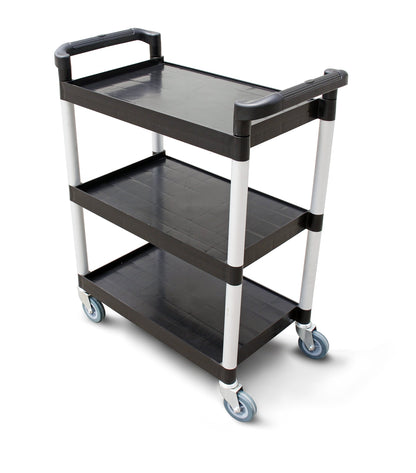 New Star Foodservice Heavy-Duty 3-Tier Plastic Utility Bus Cart with Locking Casters, 350 lb Capacity, 42.5 x 19.5 x 38.5 Inch, Black