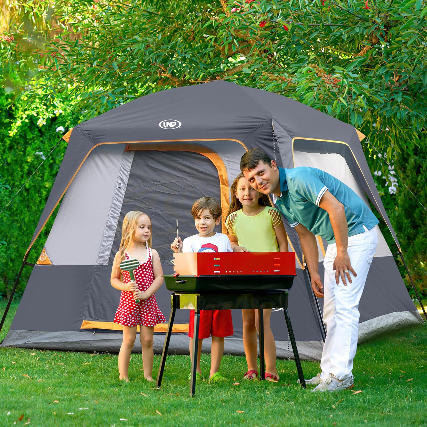 UNP 4-Person Tent, Portable Cabin Tent, Camping Tent 4 Person Easy Set Up, Waterproof with Top Rainfly for Outdoor Camping/Hiking (Gray)