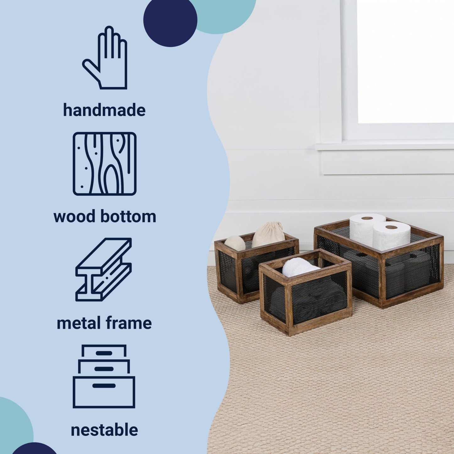 happimess BSK3005B-3SET Fallon Modern Minimalist Wooden Metal Nesting Storage Baskets for Shelves, Cabinets, Pantry, Countertop, Mesh Open Bin Basket for Organizing Supplies, Black/Natural (Set of 3)