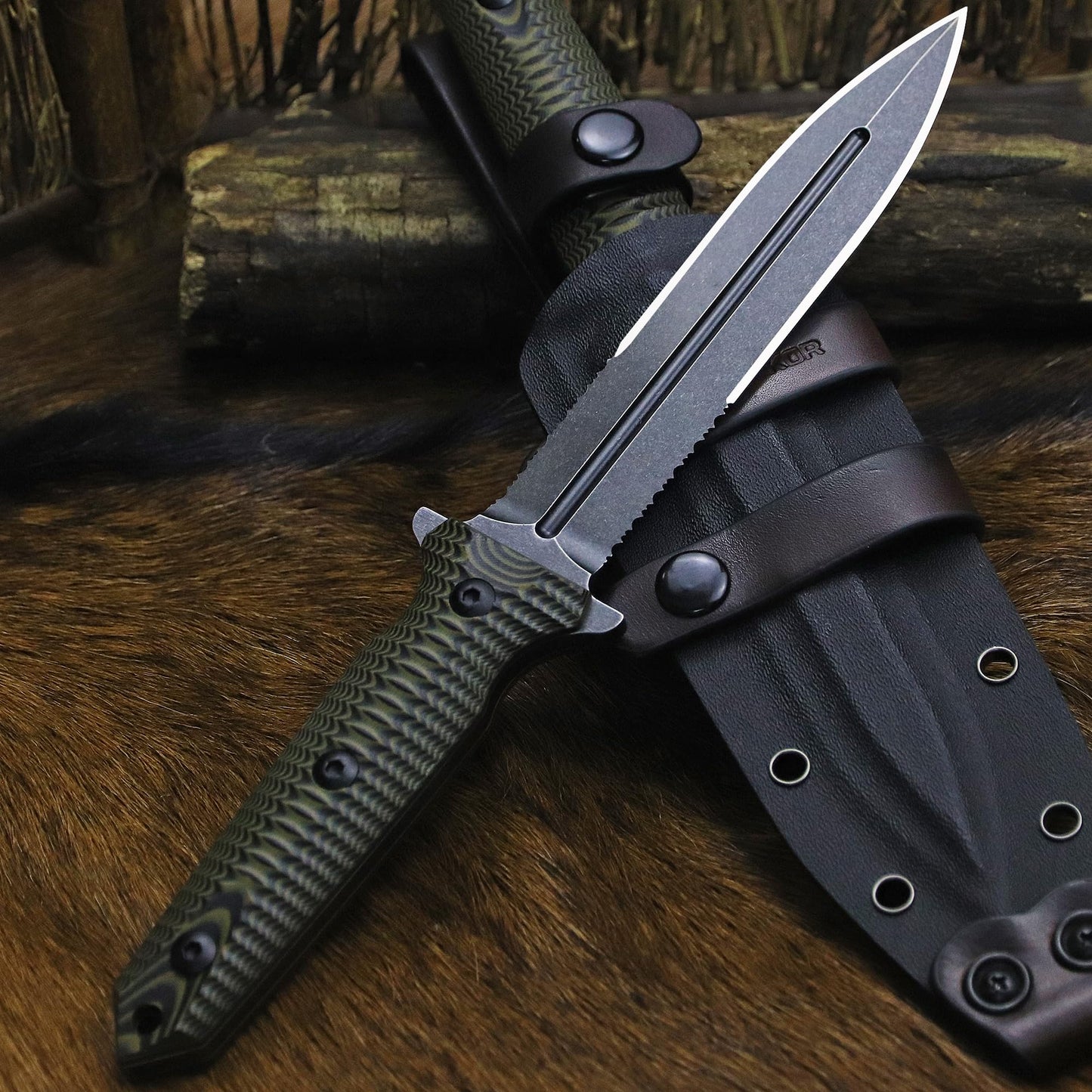 BA-KOR 11.4” Fixed Blade Hunting Knife, CPM 3V Steel Full Tang Survival Knife, 5mm Thick Stonewashed Dual Edge with Partial Serration, G10 Handle, Leather Kydex Sheath & 5.9” Fire Starter