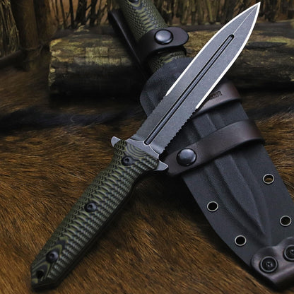 BA-KOR 11.4” Fixed Blade Hunting Knife, CPM 3V Steel Full Tang Survival Knife, 5mm Thick Stonewashed Dual Edge with Partial Serration, G10 Handle, Leather Kydex Sheath & 5.9” Fire Starter