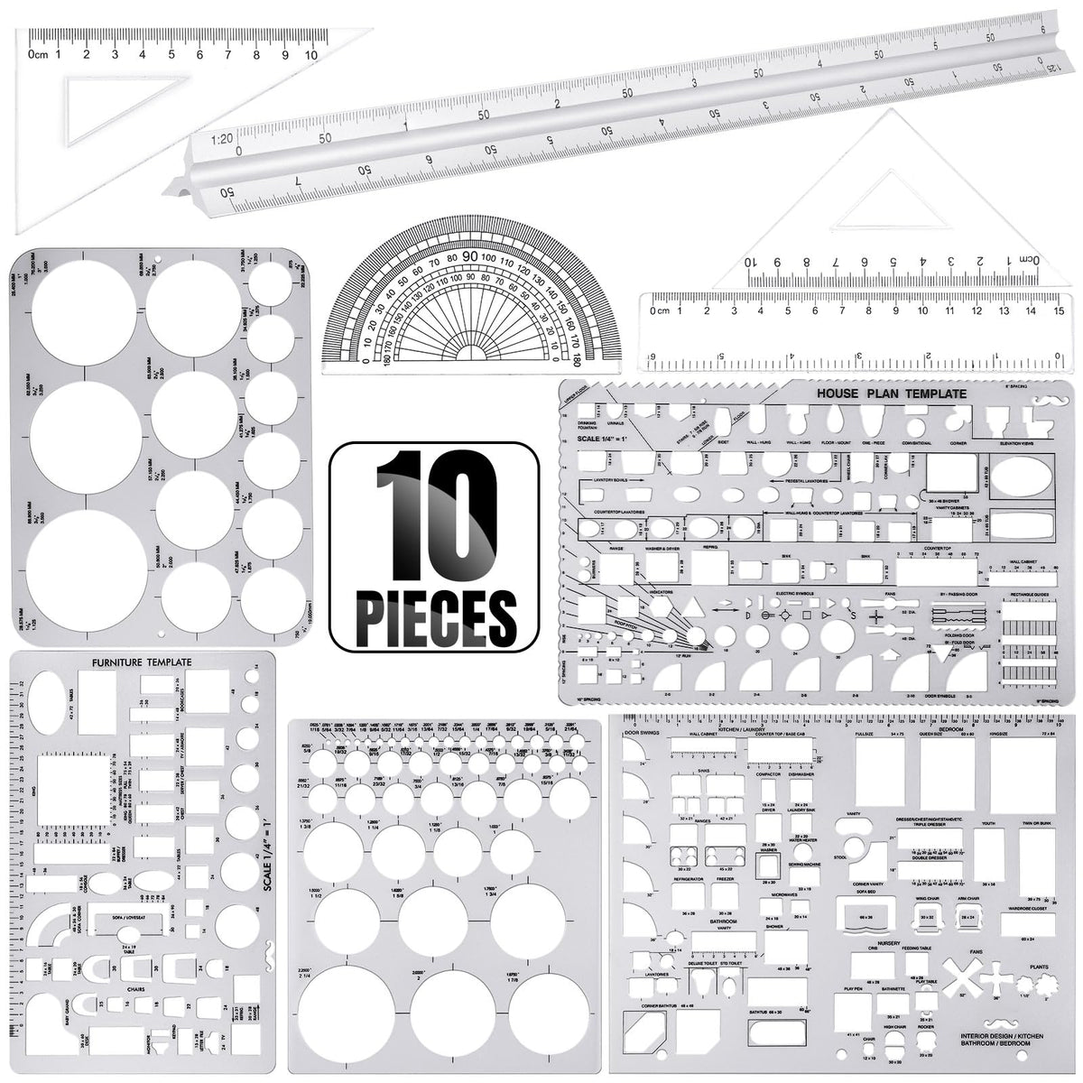 Zonon 10 Pcs Plastic Drawing Template Ruler Geometric Drawing 12 Inch Triangular Aluminum Architect Scale Measuring Templates Building Geometric Kit Plastic Ruler for Drafting (Classic,Clear)