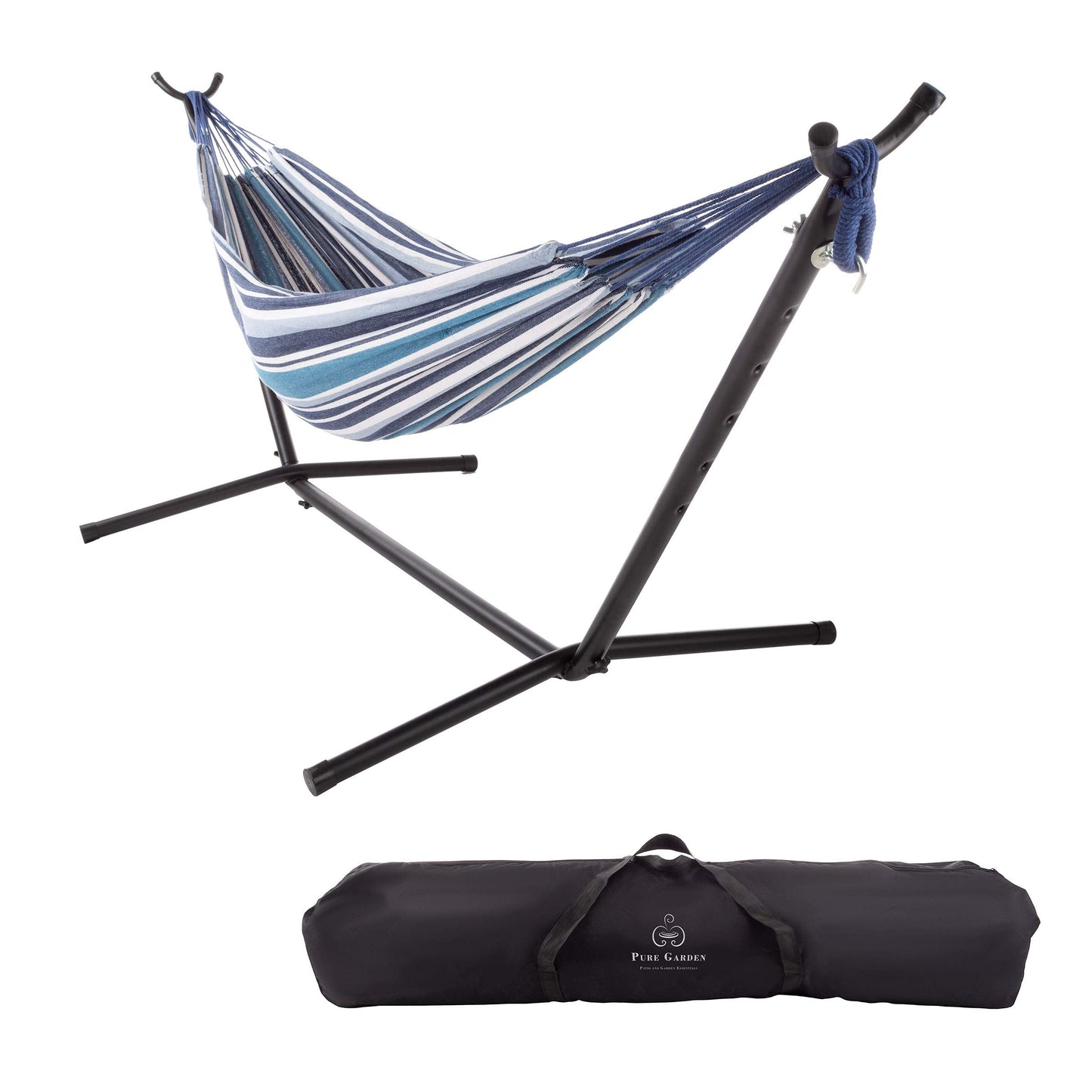 Double Brazilian Hammock with Stand– Woven Cotton, 2-Person, Outdoor Swing with Frame for Camping, Backyard or Patio by Pure Garden (Blue Stripes)