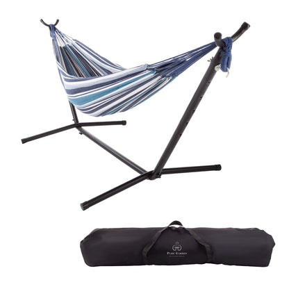 Double Brazilian Hammock with Stand– Woven Cotton, 2-Person, Outdoor Swing with Frame for Camping, Backyard or Patio by Pure Garden (Blue Stripes)