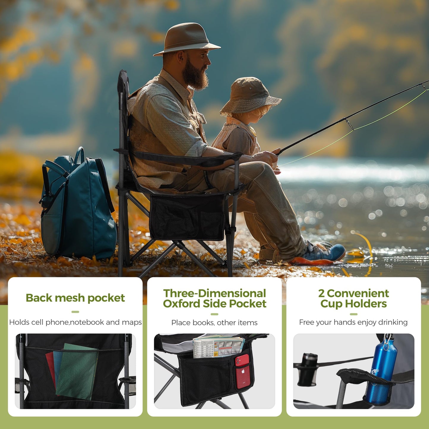 ALPHA CAMP Oversized Camping Folding Chair Heavy Duty Steel Frame Support 350 LBS Collapsible Padded Arm Chair with Cup Holder Quad Lumbar Back Chair Portable for Outdoor/Indoor (Black grey-2PC)