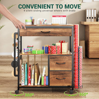 PUNLUXU Wrapping Paper Storage Cart, Rolling Gift Wrap Station with Ribbon and Gift Bag Storage, Wrapping Paper Organizer Holder, Craft Organizers and Storage for Christmas, Craft Storage Cart 004