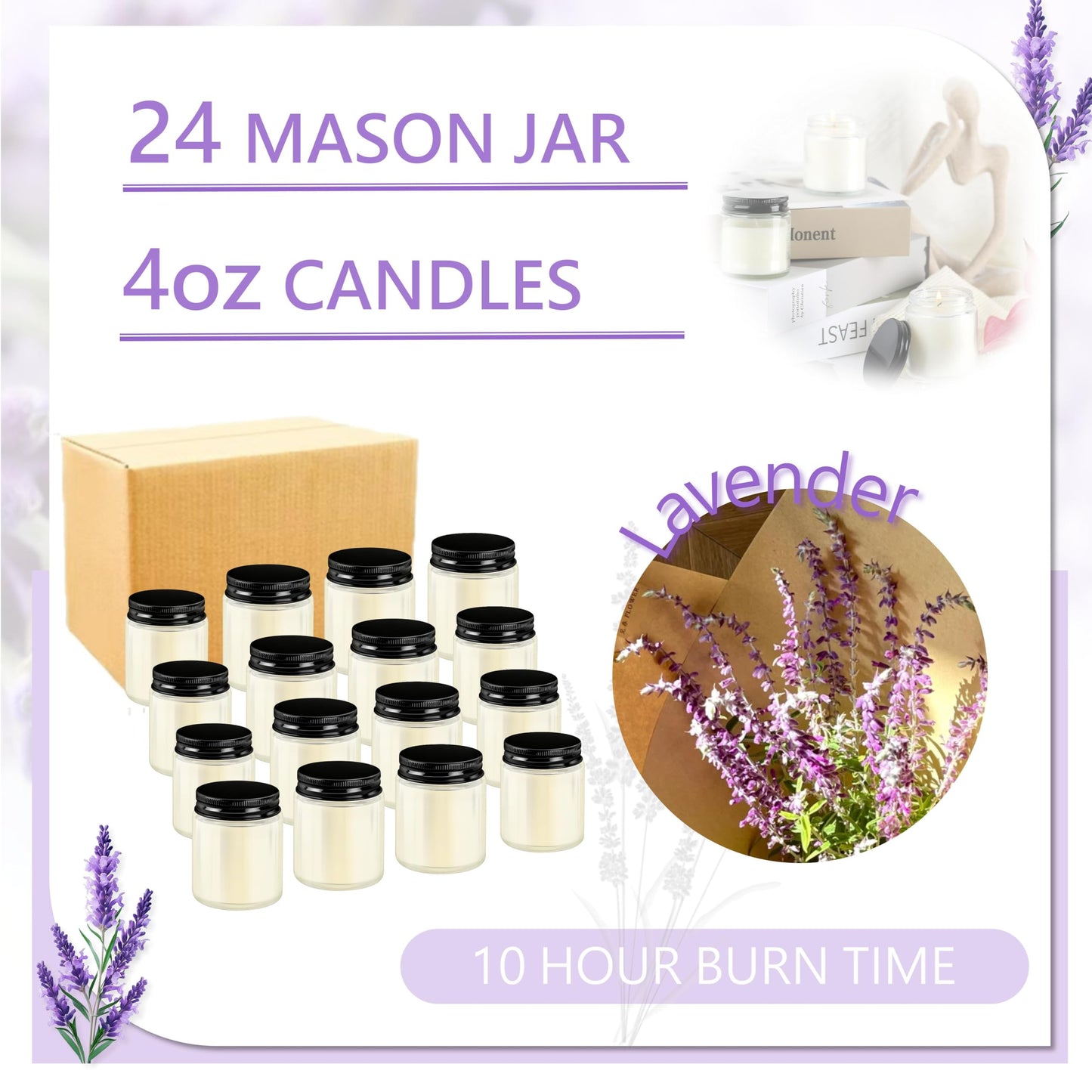 ACITHGL 24 Pcs 4oz Mini Mason Jar Candles Small Lavender Scented Candles Bulk Aromatherapy Ideal Souvenir Favors for Wedding Birthday Party (Black, 24)