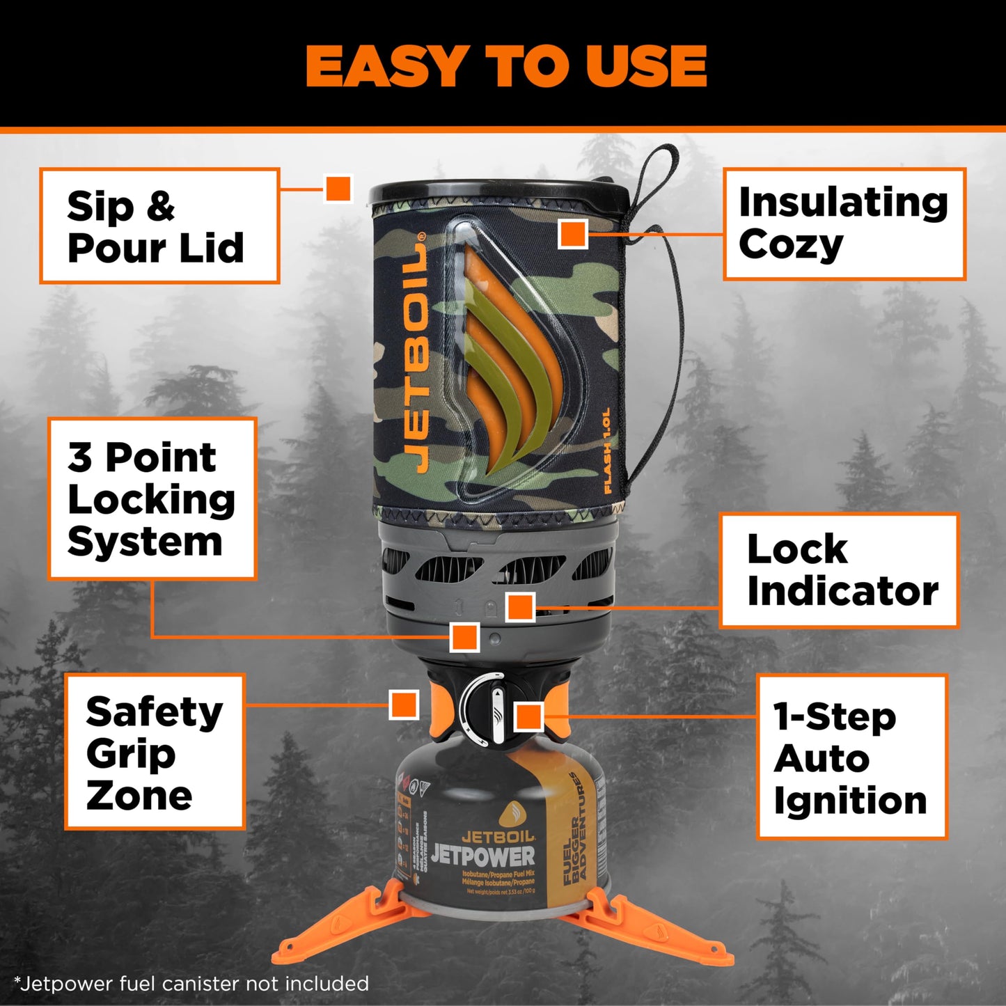Jetboil Flash 1.0L Portable Fast Boil Stove for Camping and Backpacking with 1-Step Auto Ignition, Propane/Isobutane Burner with Cooking Cup, Dark Camo