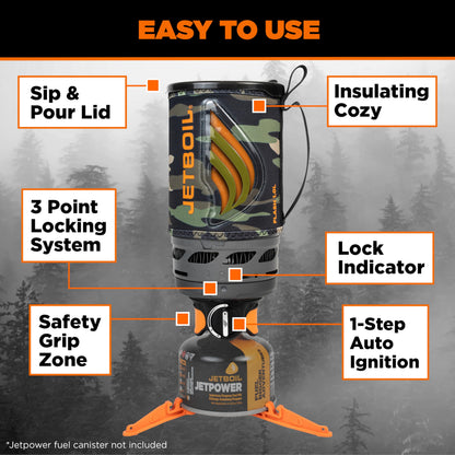 Jetboil Flash 1.0L Portable Fast Boil Stove for Camping and Backpacking with 1-Step Auto Ignition, Propane/Isobutane Burner with Cooking Cup, Dark Camo