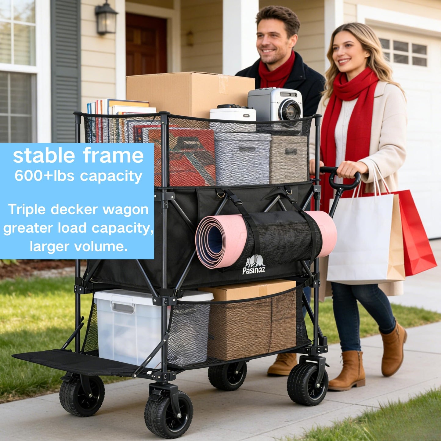 BARWING 460L Folding Large Collapsible Wagon, Heavy Duty Wagons Carts with All-Terrain Sand Wheels 600LBS,50" Extended Double-Decker Wagon with Height Extension Nets for Camping and Fishing