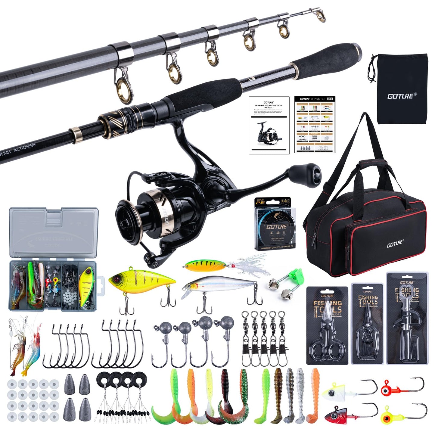 Goture Fishing Rod and Reel Combo - 7FT Carbon Fiber Telescopic Fishing Pole - Spinning Reel 9+1 Shielded Bearings Stainless Steel BB - A
