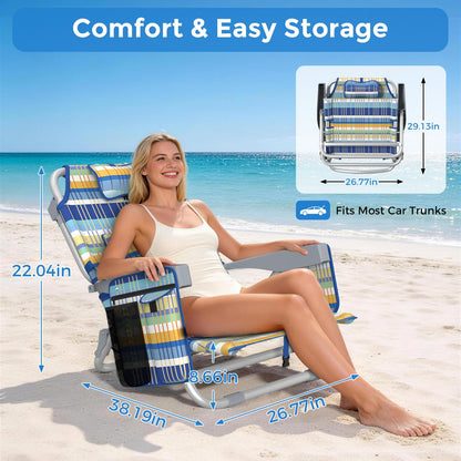5-Position Backpack Beach Chairs for Adults, Foldable Heavy-Duty Beach Chair with Lumbar,Cooler Bag,Cup Holder,Towel Rack for Beach, Camping, Outdoor(2Pack)