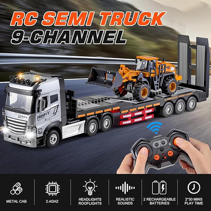9 Channel RC Semi Truck Metal Cab 2.4Ghz Remote Control Truck and Trailer with Lights and Sounds Birthday Gift for Kids Boys 14.6