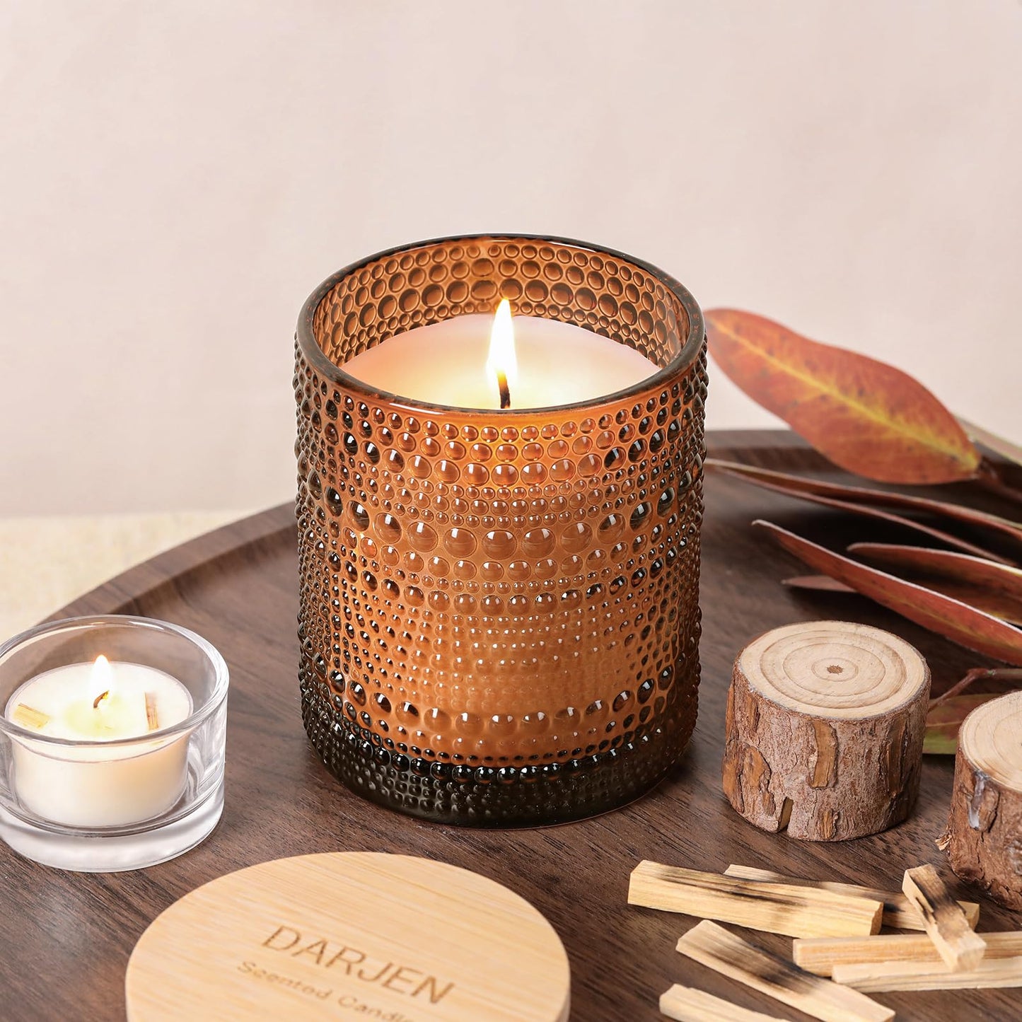 DARJEN Sandalwood Candles for Home- 10oz 68H Natural Soy Wax Aromatherapy Jar Candle with Strong Scent, Decorative Aesthetic Candles for Home Office, Evening Wind-Down, Luxury Gift for Man Cave
