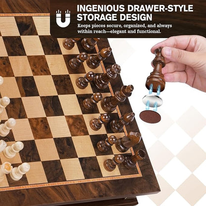Peradix Magnetic Chess Set with 2 Built-in Storage Drawers 12 inch Wooden Strategy Board Games 2 Extra Queens Travel Magnet Chess Game for Adults Kids and Family Game Night Gift Package