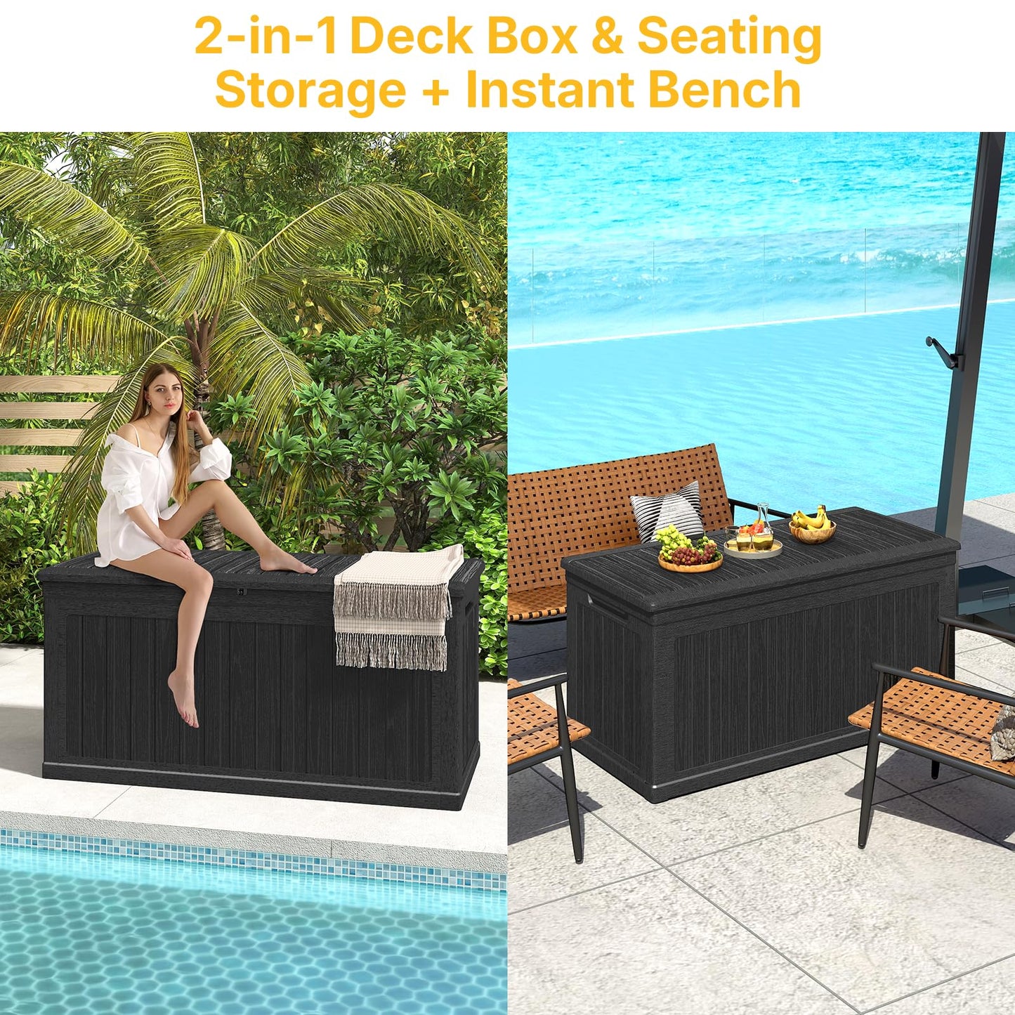 Skepphlay 260 Gallon Deck Box Extra Large, Outdoor Storage Box Lockable, Patio Storage Box Waterproof and UV Resistant, 440lbs Load Capacity for Garden, Patio, Pool (Black)