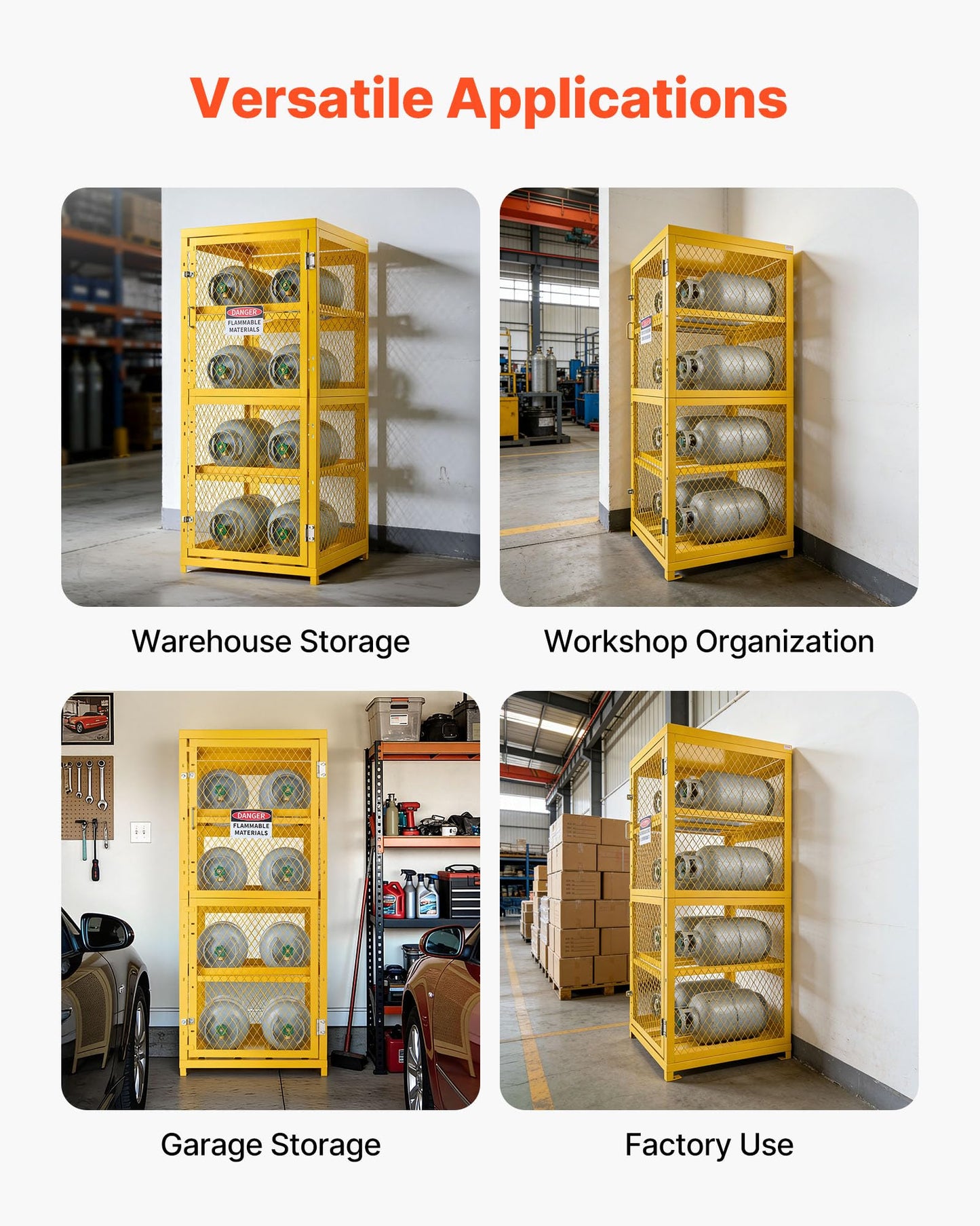 VEVOR Horizontal Cylinder Storage Cabinet, 30"L x 30"W x 70.3"H, 8 Cylinder Capacity, 4-Tier Propane Storage Cage, with Lock and Keys, Yellow Powder-Coated Carbon Steel, for Propane, Oxygen, Nitrogen