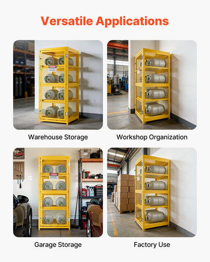 VEVOR Horizontal Cylinder Storage Cabinet, 30"L x 30"W x 70.3"H, 8 Cylinder Capacity, 4-Tier Propane Storage Cage, with Lock and Keys, Yellow Powder-Coated Carbon Steel, for Propane, Oxygen, Nitrogen