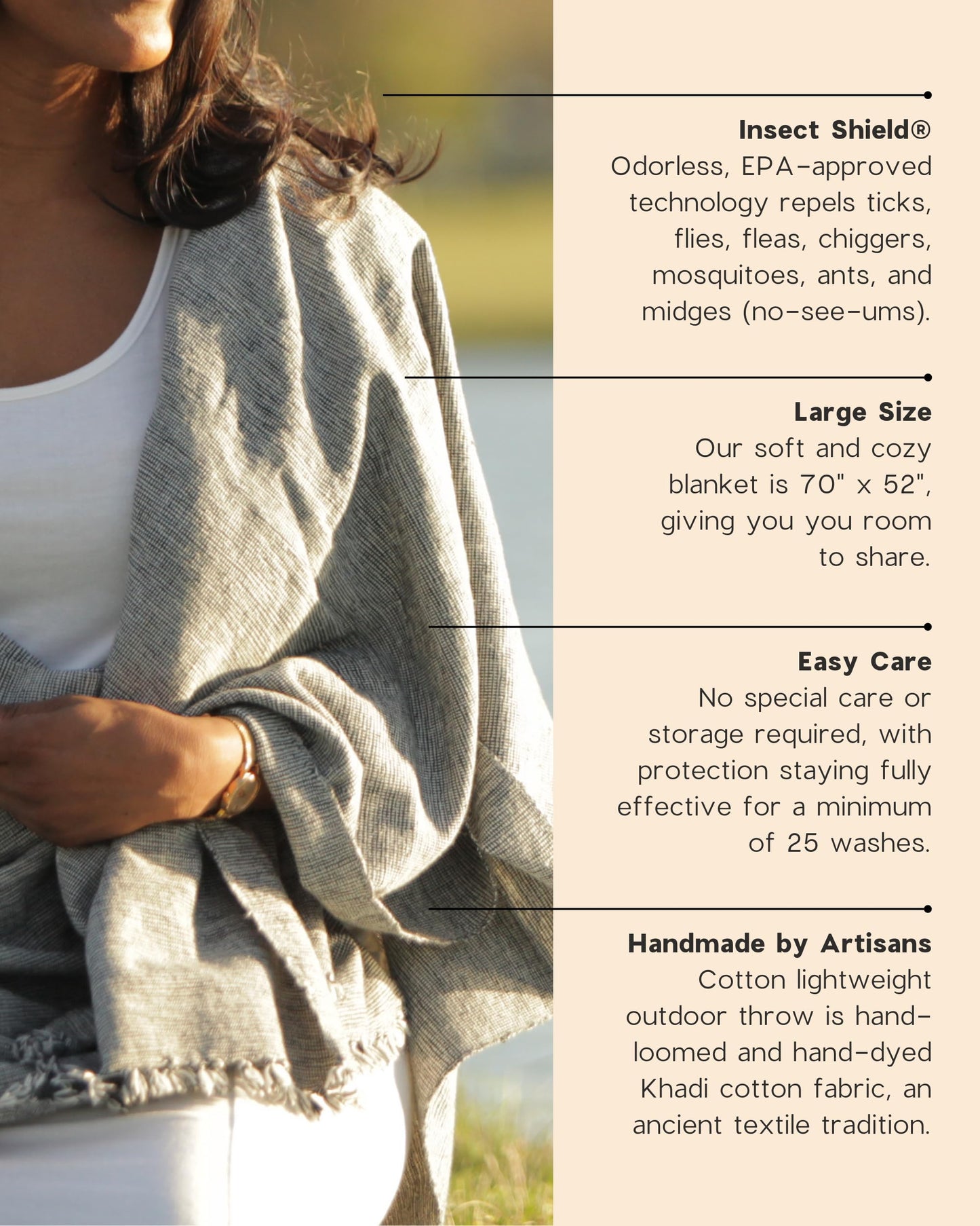 Pang Wangle Bug Repellent Tranquil Blanket with Insect Shield Technology Repels Mosquitoes, Ticks, Flies and More in One of a Kind Handmade Khadi Cotton (Black)