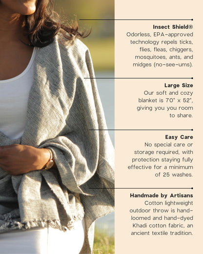 Pang Wangle Bug Repellent Tranquil Blanket with Insect Shield Technology Repels Mosquitoes, Ticks, Flies and More in One of a Kind Handmade Khadi Cotton (Black)
