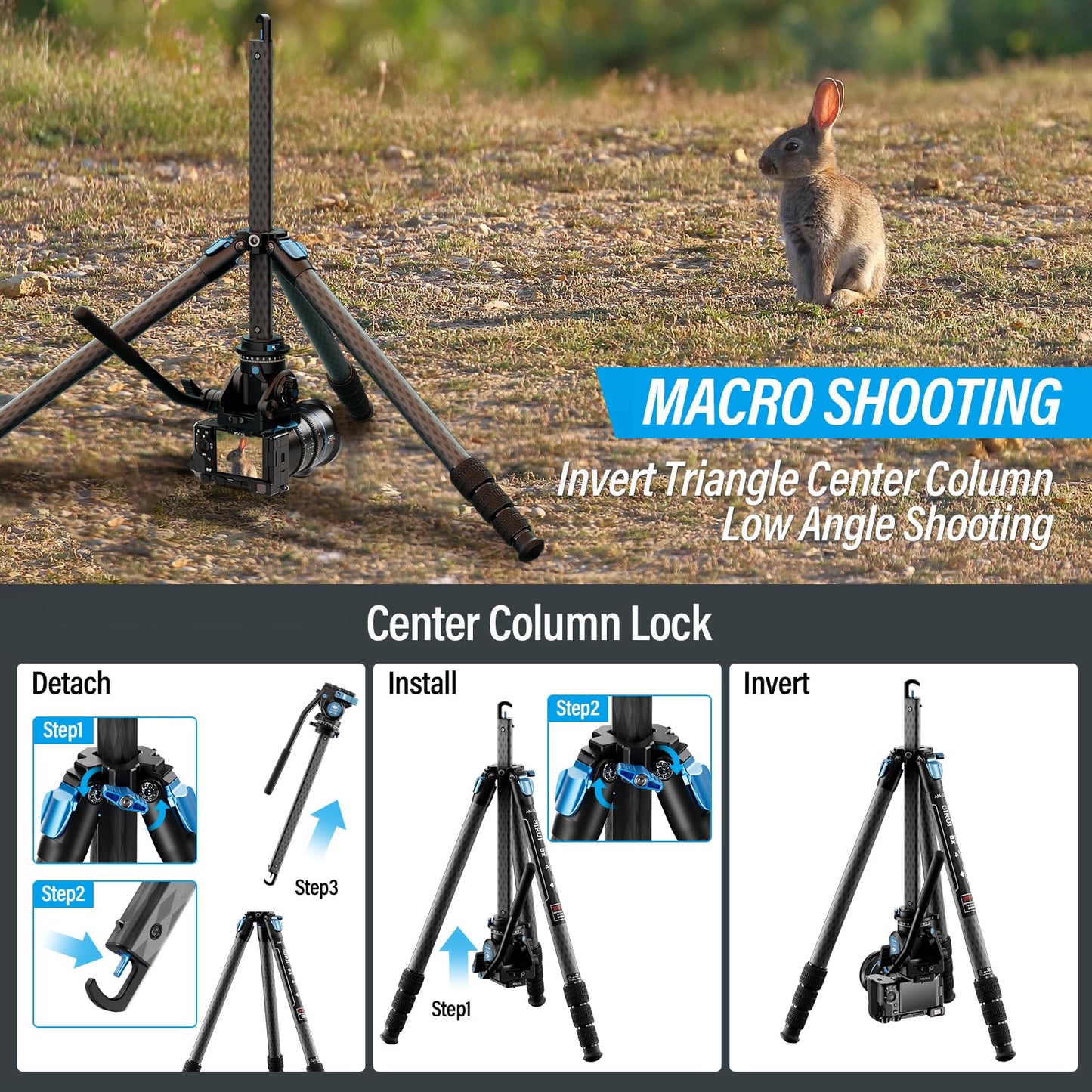 SIRUI AM-124 Carbon Fiber Tripod with AM-5VX Fluid Head, 65.6“ Compact Video Camera Tripod for Travel, Triangular Center Column, Side Loading QR Plate, Waterproof Twist Lock, Loads 6.6lbs