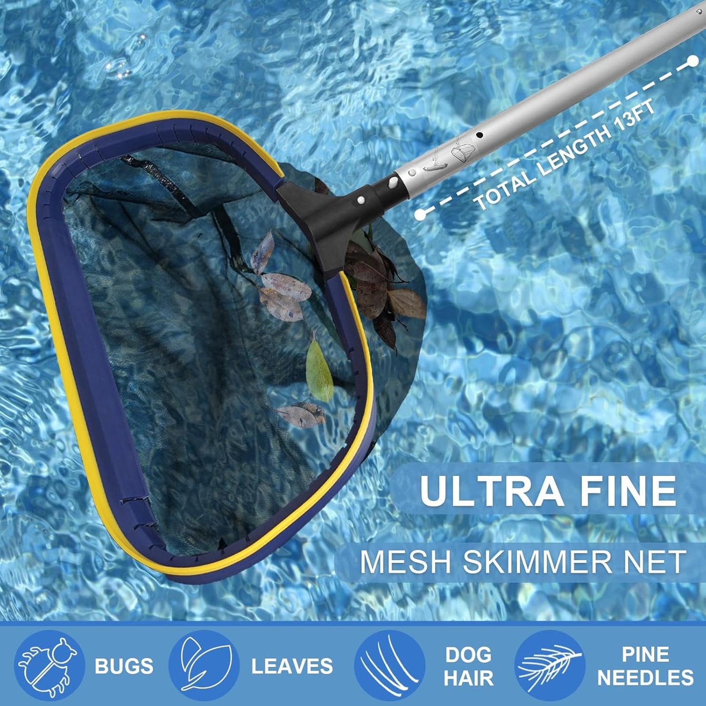 Poolvio 5-in-1 Pool Cleaning Kit - Semi-Deep Skimmer Net, Aluminum Leaf Rake & 20' Brush with 13ft Pole
