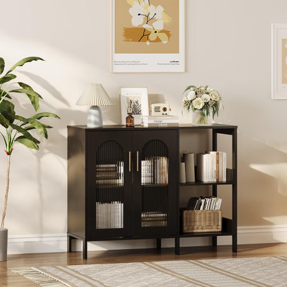 GarveeHome Glass Door Sideboard Cabinet, Modern Storage Buffet with Metal Handles and Adjustable Shelves, Solid Wood Frame Display Cabinet for Living Room, Dining Room, Kitchen, Entryway, Black