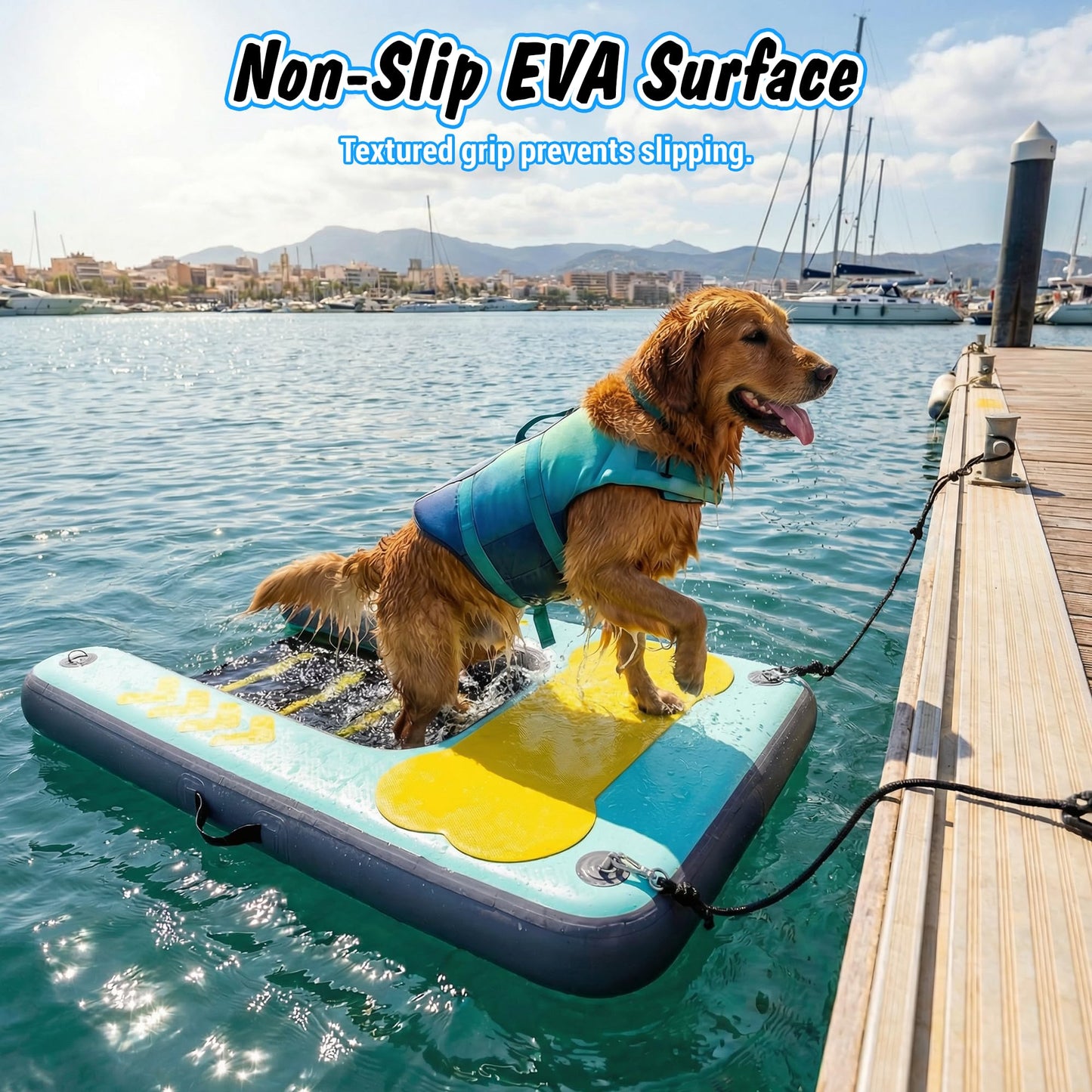 Dog Ramp for Pool & Lake, Inflatable Water Platform 60'' x 40'' Floating Dock for Pets Up to 240 lbs, Non-Slip EVA Surface with Ladder, Boat & Dock Access for Swimming and Outdoor Use