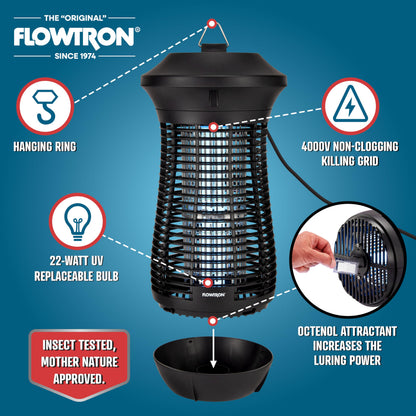 Flowtron Outdoor Bug Zapper | 4000 Volt Electric Insect Killer with ¾ Acre Coverage | Non-Clogging Shock Grid | Kills Mosquitoes Flies & Flying Insects | Patio Deck Yard Camping | ETL Certified