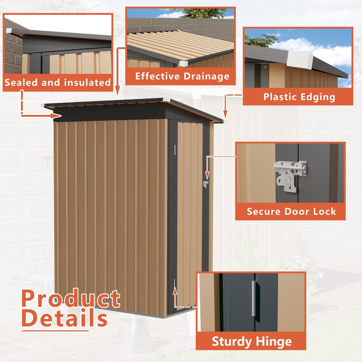 KEIKI 4.27x2.42 FT Lean-to Metal Storage Shed, Outdoor Garden Storage Cabinet w/Pent Roof & Lockable Door, Backyard Storage House w/Side Hinged Door for Patio Lawn Equipment Bike Storage, Brown