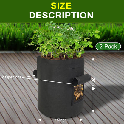 SORANGEUN Potato Grow Bags, 2-Pack 15-Gallon Grow Bags with 2 Flaps and Reinforced Handles, Heavy-Duty Thickened 500G Aeration Fabric Pots for Potatoes, Tomatoes, Flowers, and Vegetables