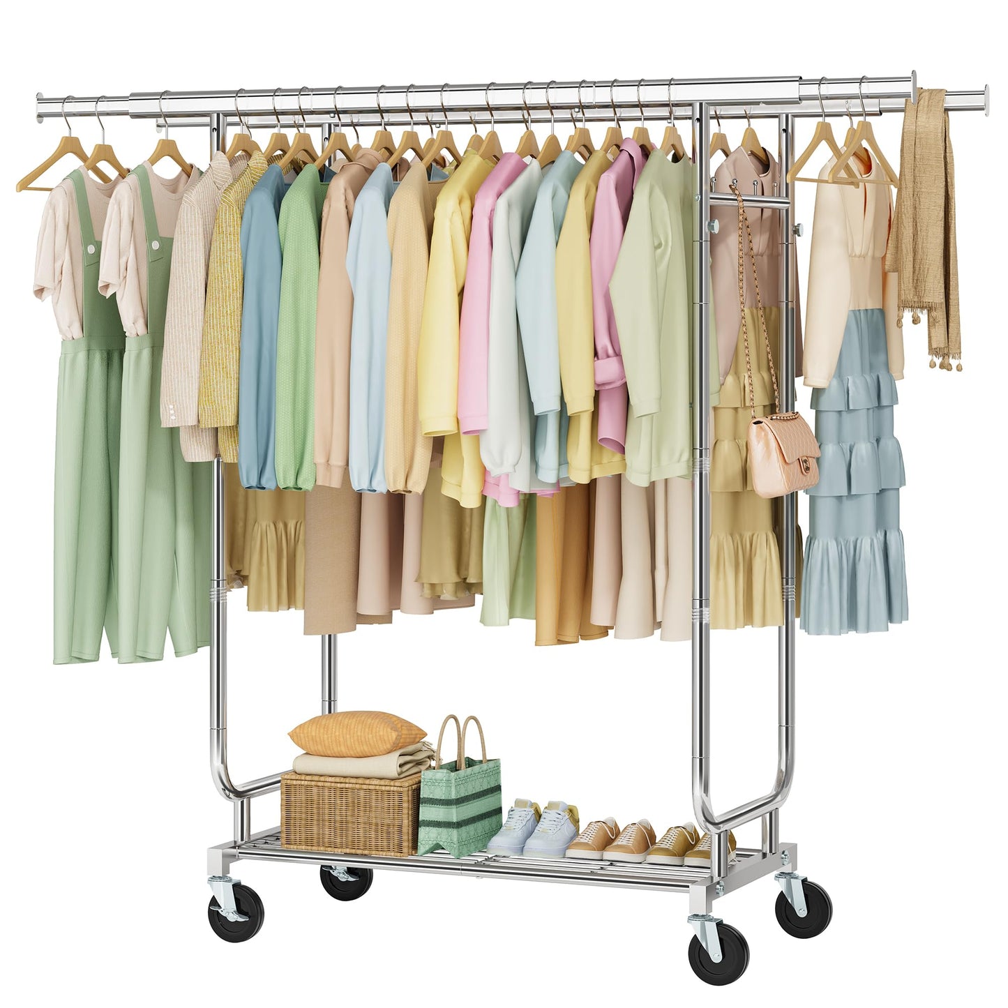 Heavy Duty Rolling Clothes Rack, 620 LBS Load Double Rod Adjustable Garment Rack with Storage Shelves & Lockable Wheels, Portable Clothing Rack for Hanging Clothes for Bedroom, Laundry Living Room