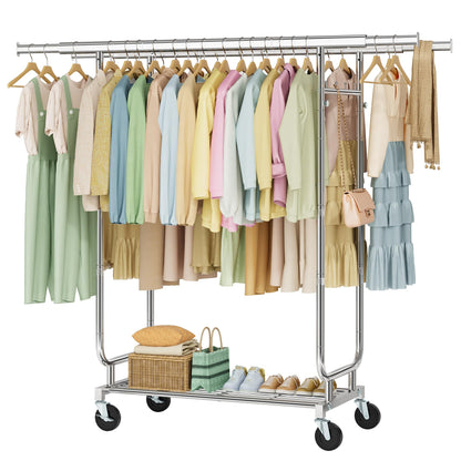 Heavy Duty Rolling Clothes Rack, 620 LBS Load Double Rod Adjustable Garment Rack with Storage Shelves & Lockable Wheels, Portable Clothing Rack for Hanging Clothes for Bedroom, Laundry Living Room