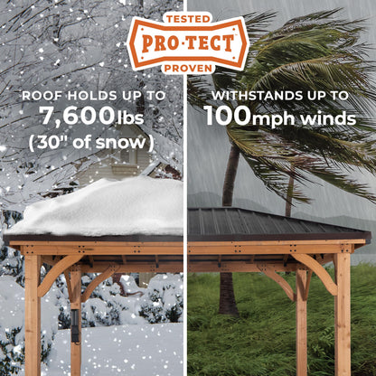 Backyard Discovery Barrington 14' x 10' Cedar Wood Outdoor Gazebo Pavilion with Hardtop Galvanized Steel Hip Roof, Snow Support, Wind Resistance, PowerPort, Shade for Garden, Patio, Deck, Entertaining