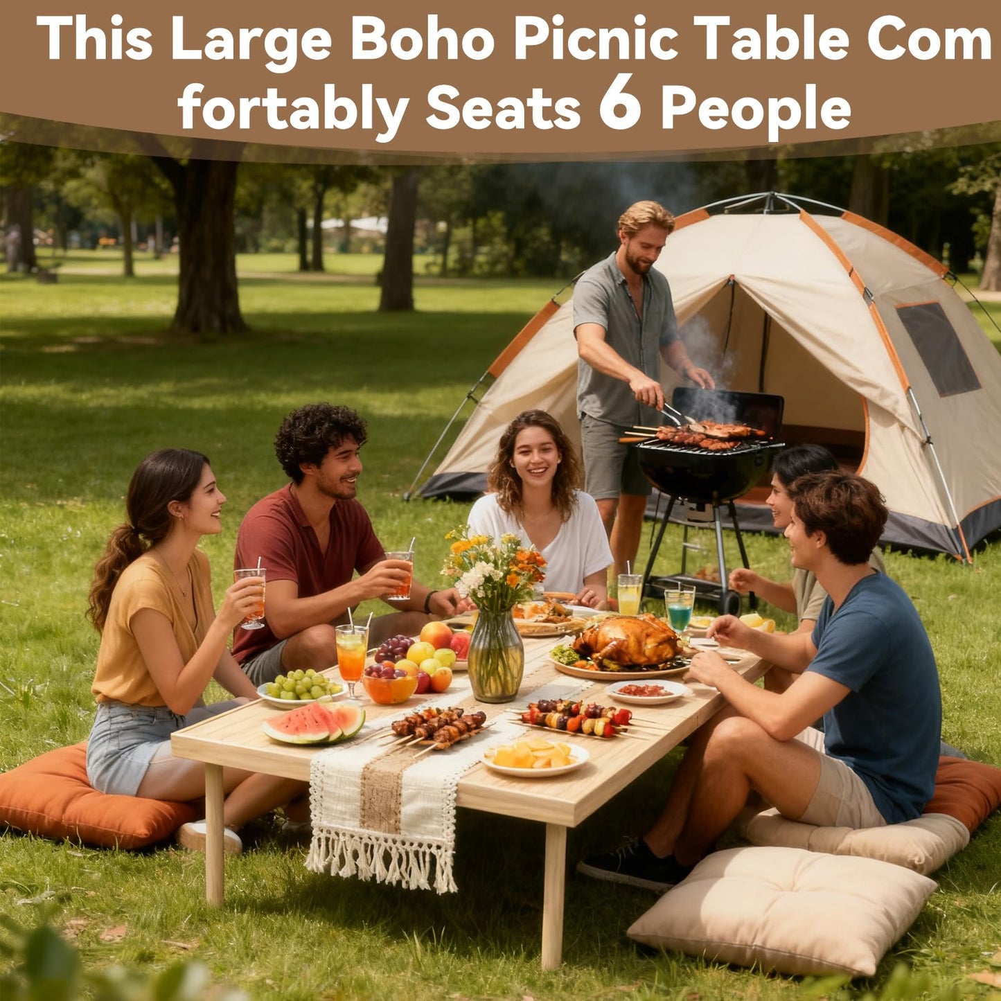 GamPark Portable Wooden Outdoor Low Picnic Table for Floor Seating, Beach, Camping, BBQ, Backyard, 60x30in