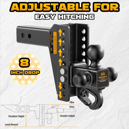 Mmtowus Adjustable Trailer Hitch - Drop Hitch -Tri Ball Mount w/Hook (1-7/8'', 2''&2-5/16''), Fits 2.5-Inch Receiver, 8'' Drop/Rise 15,000 LBS GTW Tow Hitch, 3 Ball Hitches for Trucks, RV, Camper etc
