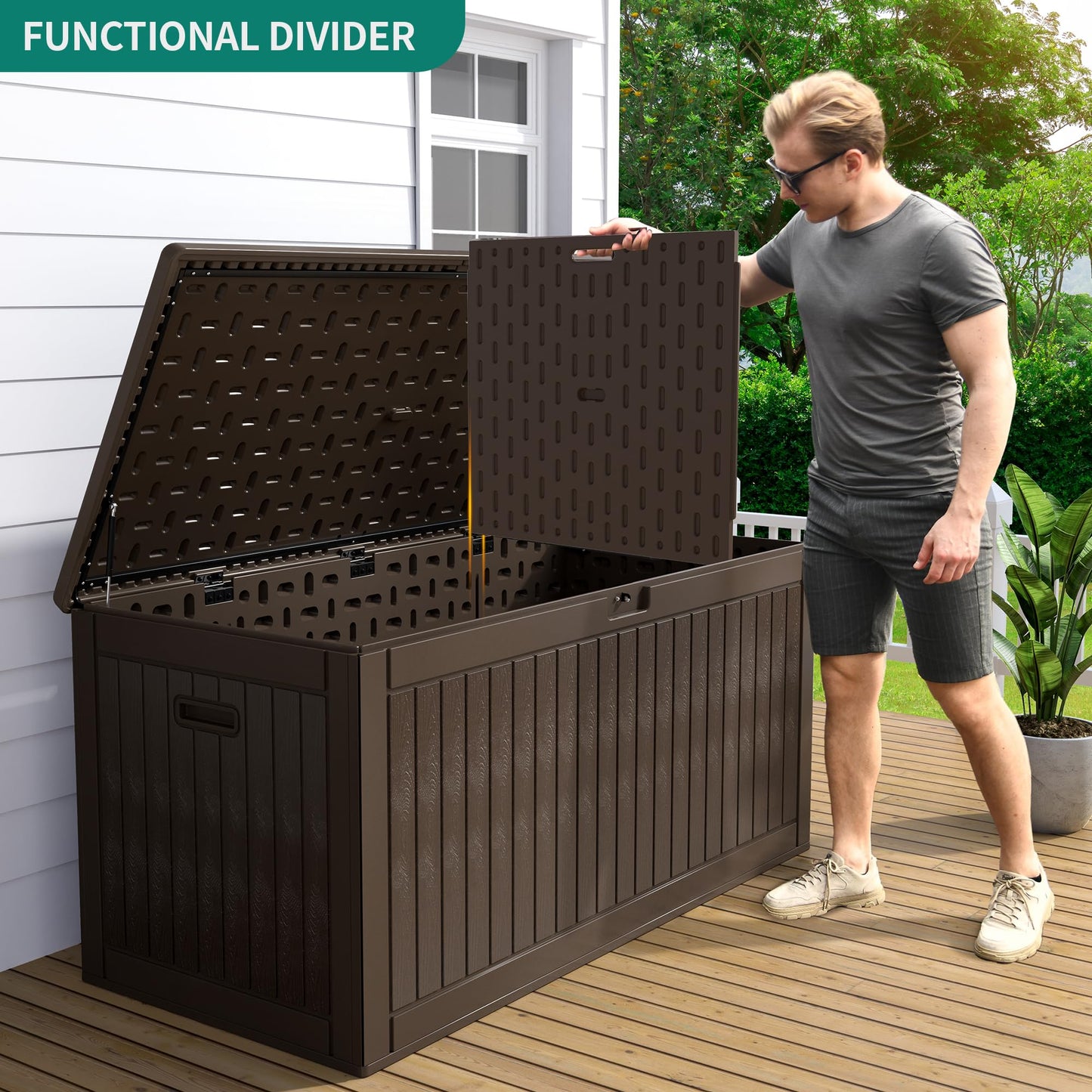 YITAHOME 320 Gallon Extra Large Deck Box, Double-Wall Resin Outdoor Storage Box with Flexible Divider for Patio Cushions Pool Supplies Garden Tools, 1000lbs Load Capacity, Lockable&Waterproof (Brown)