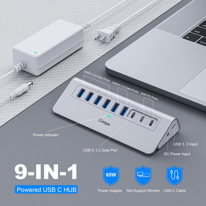 Powered USB Hub 10Gbps, intpw 9-Port USB 3.2 Hub, USB C Hub with USB A/USB C 3.2, 4 USB 3.0, 2 PD 45W Charging Ports, 65W Power Adapter and 3.3FT Cable, Aluminum USB Hub for Laptop, iPhone 16/15, PC