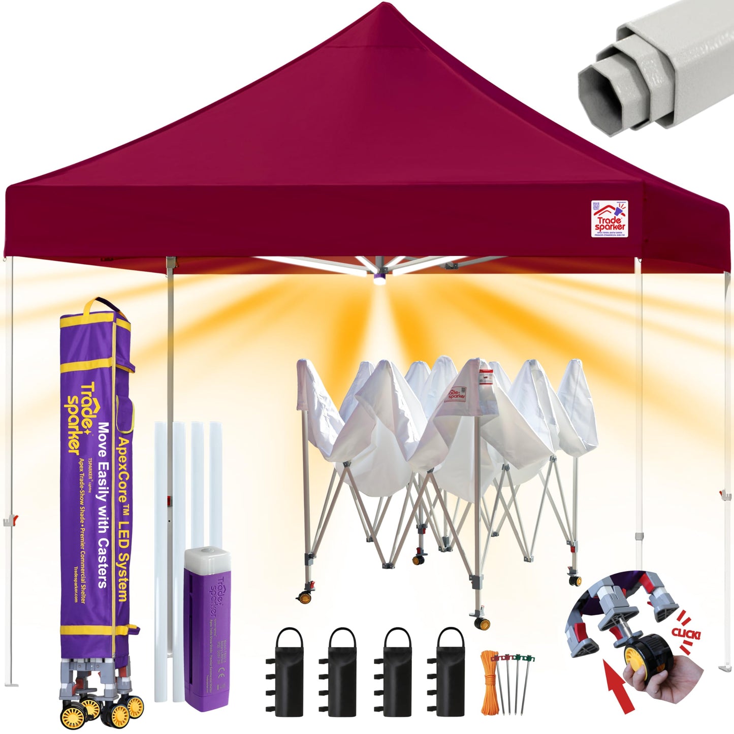 Tradesparker 10x10 Pop Up Canopy Tent,Commercial Movable Canopy with ApexCore LED&Rugged Casters-Instant Easy Setup Shelter Canopies with Weight Bags&Stakes for Outdoor Events Markets,Burgundy