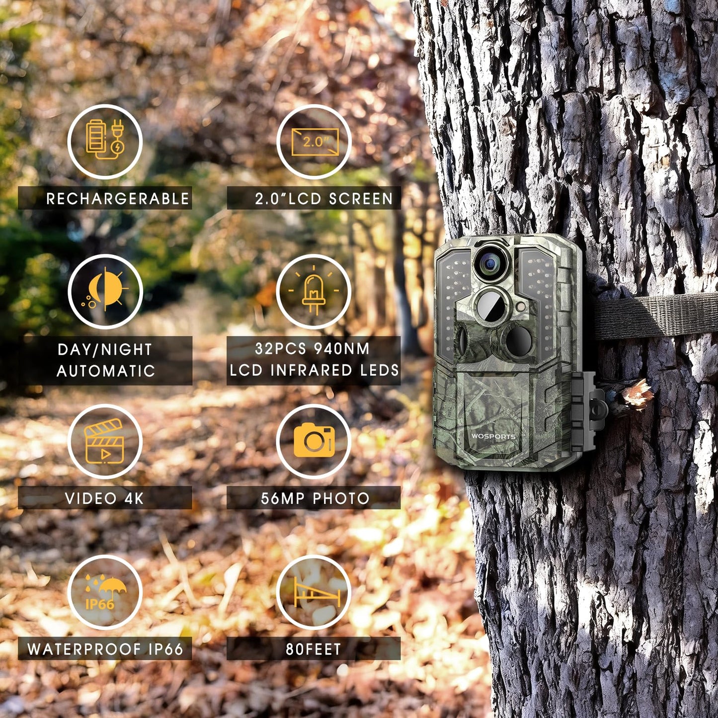 WOSPORTS Rechargeable Trail Camera 2Pack 56MP 4K Game Cam 0.2s Trigger No Glow Night Vision Motion Activated 120° Wide Lens 2.0” LCD Wildlife Camera Outdoor Scouting
